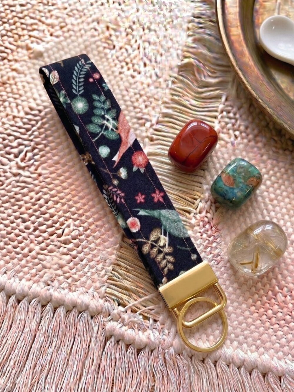 New Handmade Songbird Floral Botanical Fabric Key Fob Wristlet Keychain